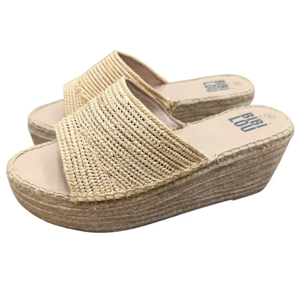 Bibi Lou Raffia Platform Espadrille Wedge Slide Sandals Natural 38